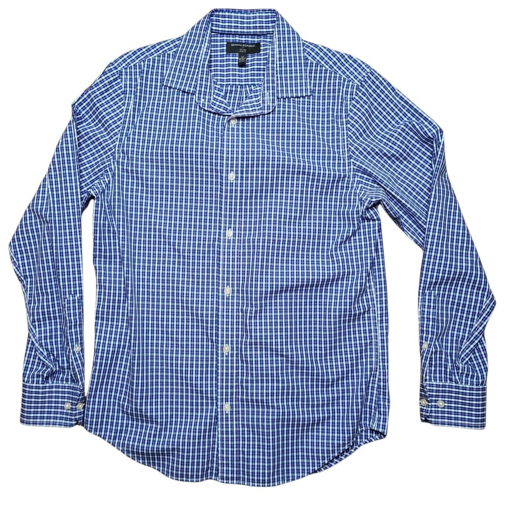 Banana Republic Shirt Non-Iron Slim Fit Size Medium 15 - 15.5 Blue & Pink Check